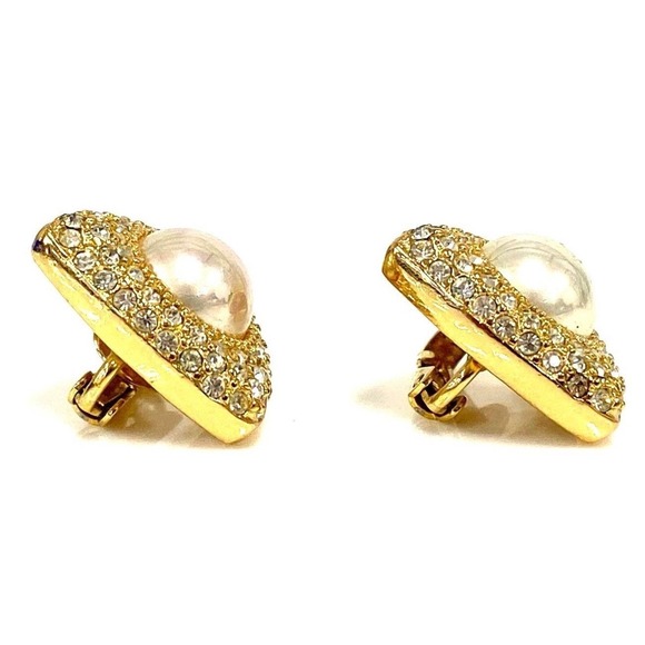 Vintage Christian Dior Pearl Clip On Earrings Rhinestone Gold Tone Triangle - Picture 11 of 12